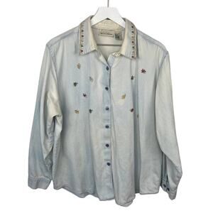 Plus Size Vintage Denim Shirt - Embroidered Fall Leaves - Boho Western - 20W